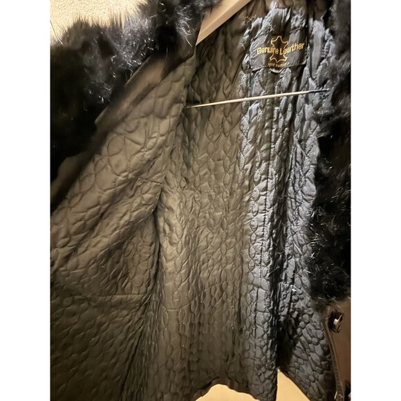 Genuine Leather Black Belted Vintage Jacket Faux Fur Collar Coat Women SZ Small - Picture 10 of 14